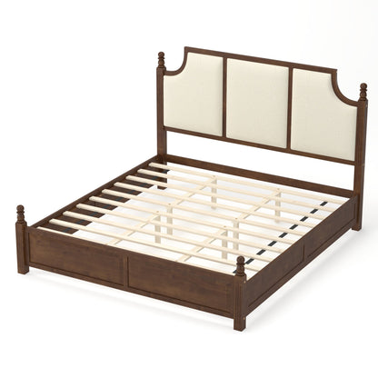 King Size Farmhouse Solid Wood Platform Bed Frame, with 50.8" Tall Beige Linen Upholstered Headboard, decorative turned bed posts, No Box Spring Needed, Walnut