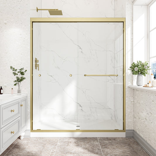 55'-60' W x 72' H Brushed Gold Reversible Installation Double Bypass Sliding Shower Door,Aluminium Alloy Frame,1/4'(6MM) Tempered Glass With Nano Explosion-proof Membrance,Easy Installation