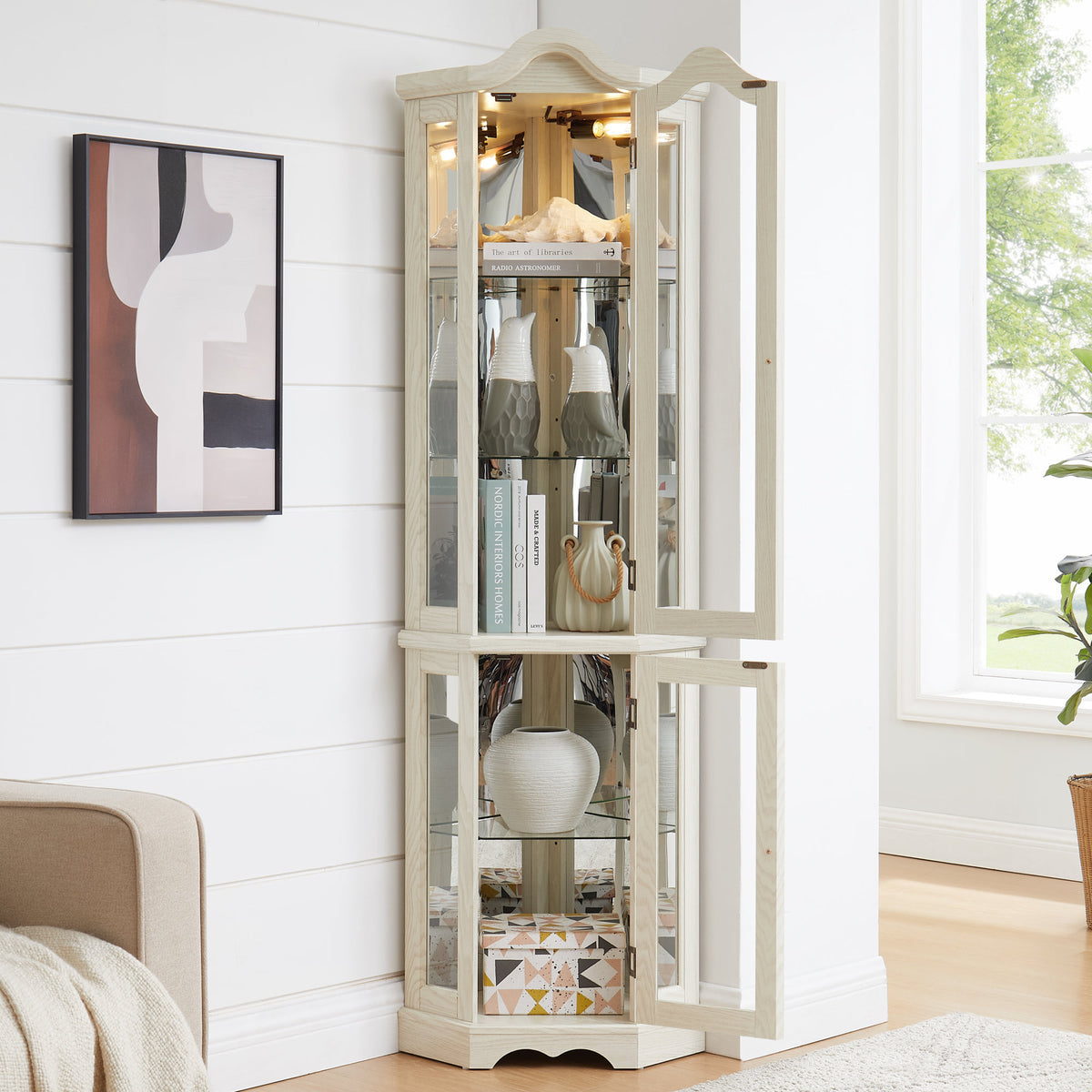 Curio Cabinet Lighted Glass Display Curio Cabinet w/Tempered Glass Doors and Shelves, Crown Corner Cabinet with Bulb, Corner Storage Decoration for Living room and Bedroom WHI