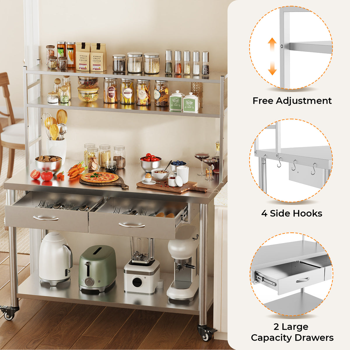 Stainless Steel Table with Shelves and Drawer, Stainless Steel Work Table with Overshelves, Adjustable Shelf and Hooks, Kitchen Prep Table for Commercial Kitchen, Restaurant and Garage