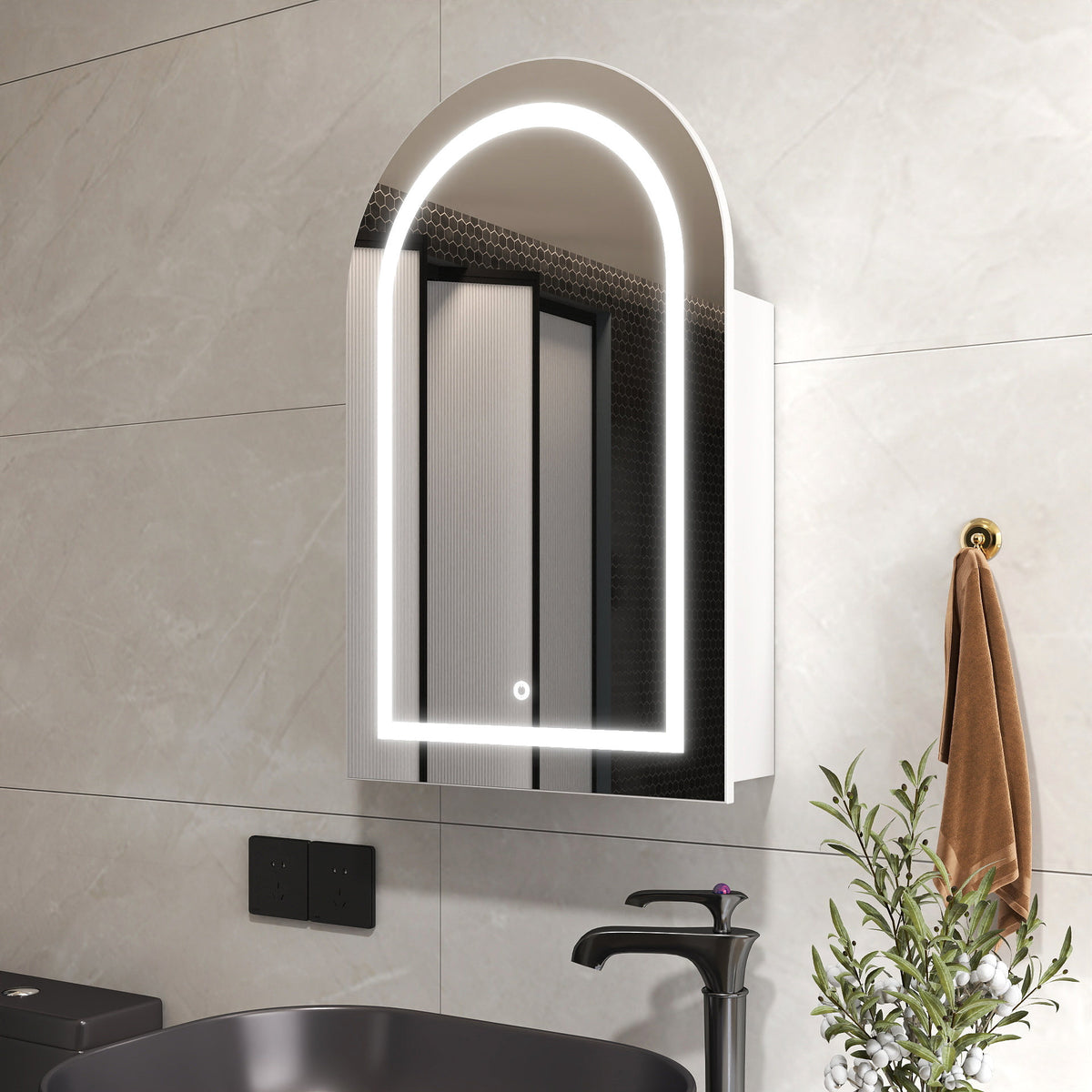 Arched LED Bathroom Cabinet, Wall Mounted Bathroom Mirror Cabinet with Storage, Touch Control Lighted Vanity Mirror Cabinet for Bathroom