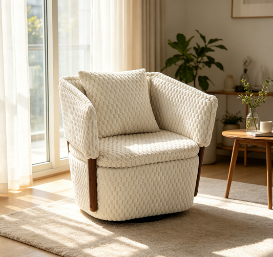 Mid Century Modern Accent Chair with Solid Wood Frame, Upholstered,360° Full Swivel Chairs with storage For Living Room Chairs with Waist Cushion, Reading Armchair for Bedroom Sunroom
