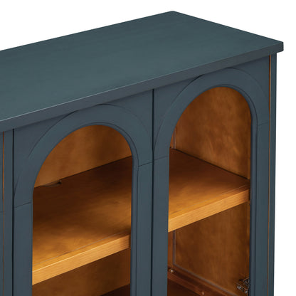 TREXM 4-Door Large Storage Buffet Cabinet with Glass Doors, Arched Cabinet with Adjustable Shelves - Navy