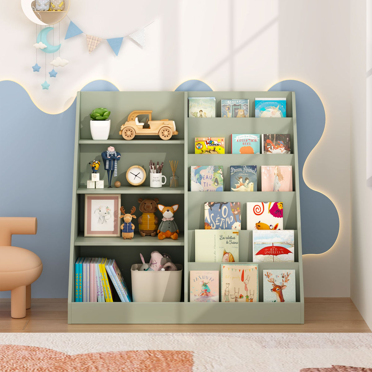 Kids Bookshelf and Toy Storage Organizer, Multifunctional 4 Tier Wooden Kids Book Shelf with  Bookcase Display Stand in Kids Room Playroom Nursery for Kids, Children, Toddlers (Sage)