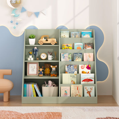Kids Bookshelf and Toy Storage Organizer, Multifunctional 4 Tier Wooden Kids Book Shelf with  Bookcase Display Stand in Kids Room Playroom Nursery for Kids, Children, Toddlers (Sage)