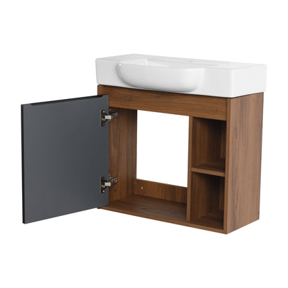24'' Wall-Mounted Bathroom Vanity with White Ceramic Sink & Soft-Close Door, KD-Packing