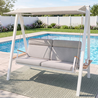 Outdoor Patio 3 seaters Metal Swing Chair Swing bed with Cushion and Adjustable Canopy Champagne Color