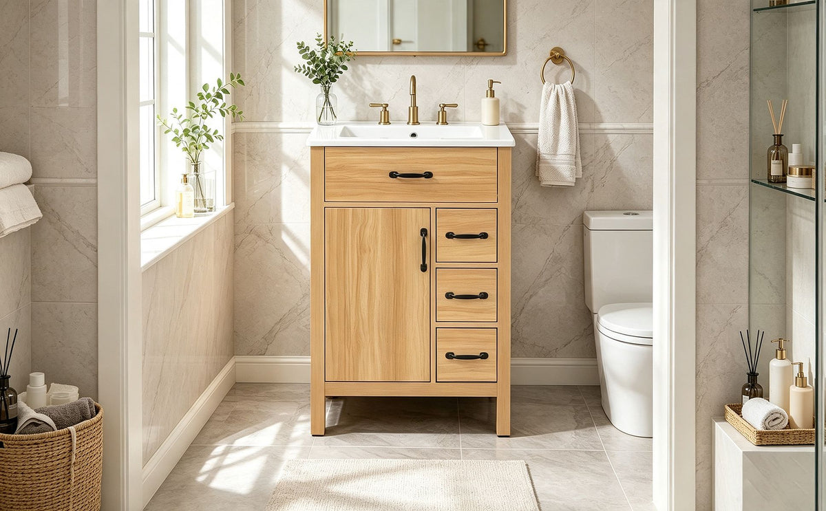 24 Inch Modern Traditional Bathroom Vanity with Ceramic Sink, MDF Cabinet & Solid Wood Legs, Black Zinc Alloy Handles, Wood Grain Melamine Finish