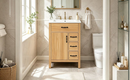 24 Inch Modern Traditional Bathroom Vanity with Ceramic Sink, MDF Cabinet & Solid Wood Legs, Black Zinc Alloy Handles, Wood Grain Melamine Finish