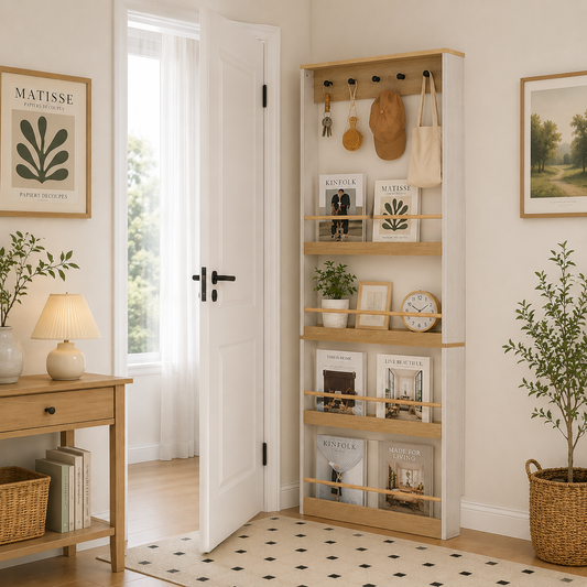 Behind The Door 70.87" Tall Bookcase with 4 Shelves and 5 hooks, Space-Saving Narrow storage cabinet for Living Room, Children's Room, Study Room, Kitchen, Corridor-Antique White