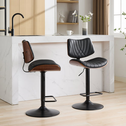 Walnut Bentwood Bar Stools Mid Century Modern Adjustable Counter Height Black Leather Upholstered 360°Swivel Bar Chairs for Kitchen – Model W1143P173514