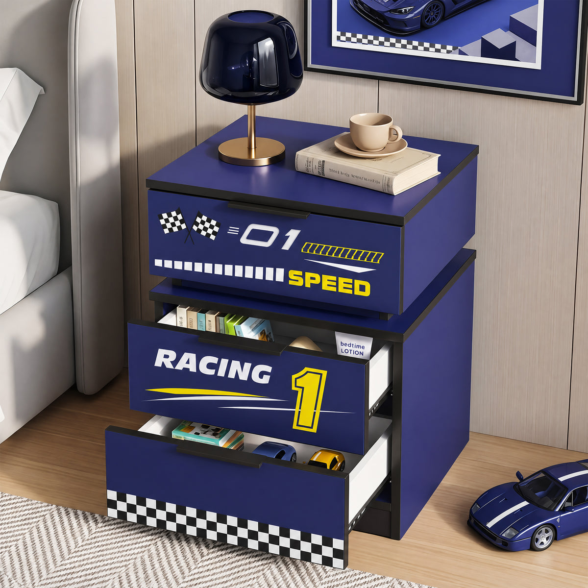 Kids Racing Car 3-Drawer Nightstand with Smart RGB LED Light, App/Remote/Music Sync Bedside Storage Cabinet, Fully KD