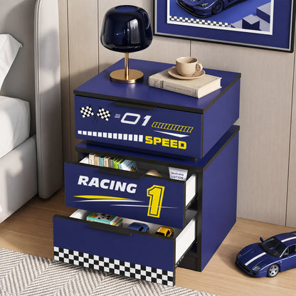 Kids Racing Car 3-Drawer Nightstand with Smart RGB LED Light, App/Remote/Music Sync Bedside Storage Cabinet, Fully KD