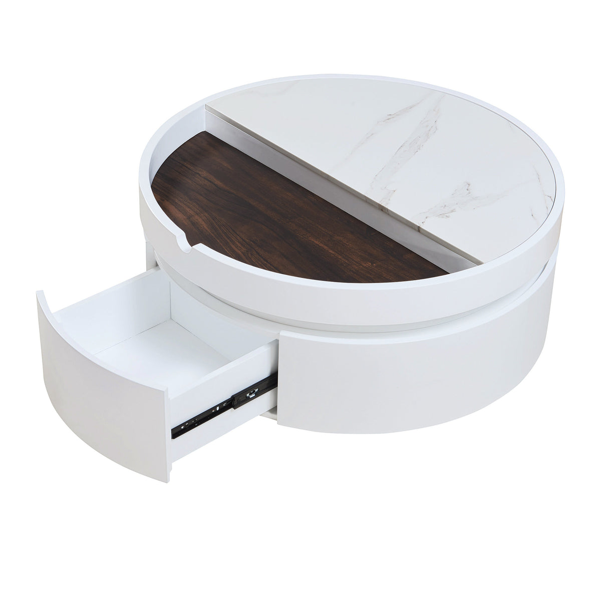 White Round Lift Coffee Table with 1 Drawer in 29.5', Marble Veneer and Wood Grain Tabletop