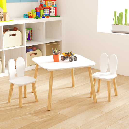 Rabbit Themed Kids Table and 2 Chairs Set, White Solid Wood & MDF Play Table with Rounded Edges