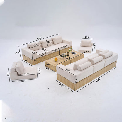 8-seat Modular Sectional Sofa with Storage Drawers, Multi-Functional L-Shaped Couch with Built-In Cabinet Base and Center Table Design, Convertible Combination Sofa Set, Modern Upholstered Sofa