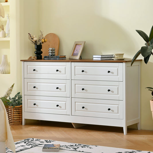 White Dresser, 6 Drawer Dresser with Wide Drawer and Metal Handles, Wood Dressers & Chests of Drawers, Entryway.