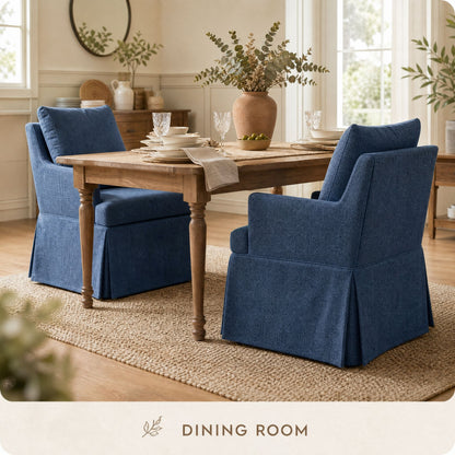 Upholstered Dining Chairs Set of 1, Modern Kitchen Chair Dining Room Chair with 4 Casters, Linen Armchair for Bedroom Reading Room Living Room, Navy