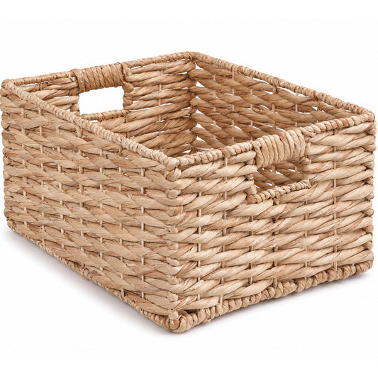 SOLHOME Water Hyacinth Storage Basket, Natural, 16.9" x 12.6" x 9.1", Handwoven Twisted Weave Basket with Handles – Shelf Organizer, Towel Storage, Living Room Storage