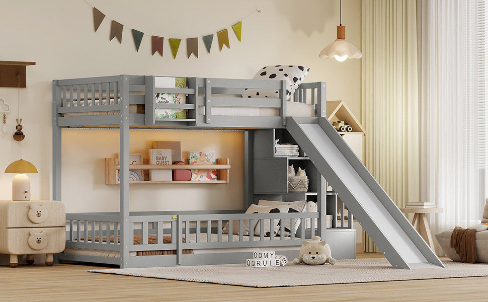Twin Over twin Bunk Bed with Slide, Storage Staircase, Bedside Storage Rack,LED lights,Pine Solid Wooden Bunk Bed with Safety Guardrails ,Grey