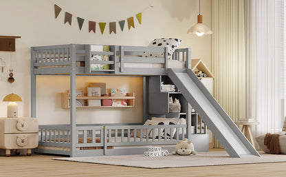 Twin Over twin Bunk Bed with Slide, Storage Staircase, Bedside Storage Rack,LED lights,Pine Solid Wooden Bunk Bed with Safety Guardrails ,Grey