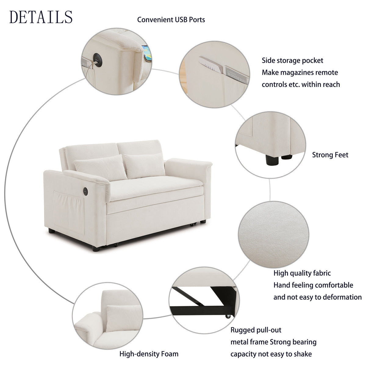 55' Velvet Two Seater Pull Out Sofa Bed, Adjustable Backrest With  USB Ports, Two Side Pockets, 3 in 1 Convertible Sleeper Sofa Bed, Modern Love Seat Lounge,2 waist pillows for living rooms,BEIGE