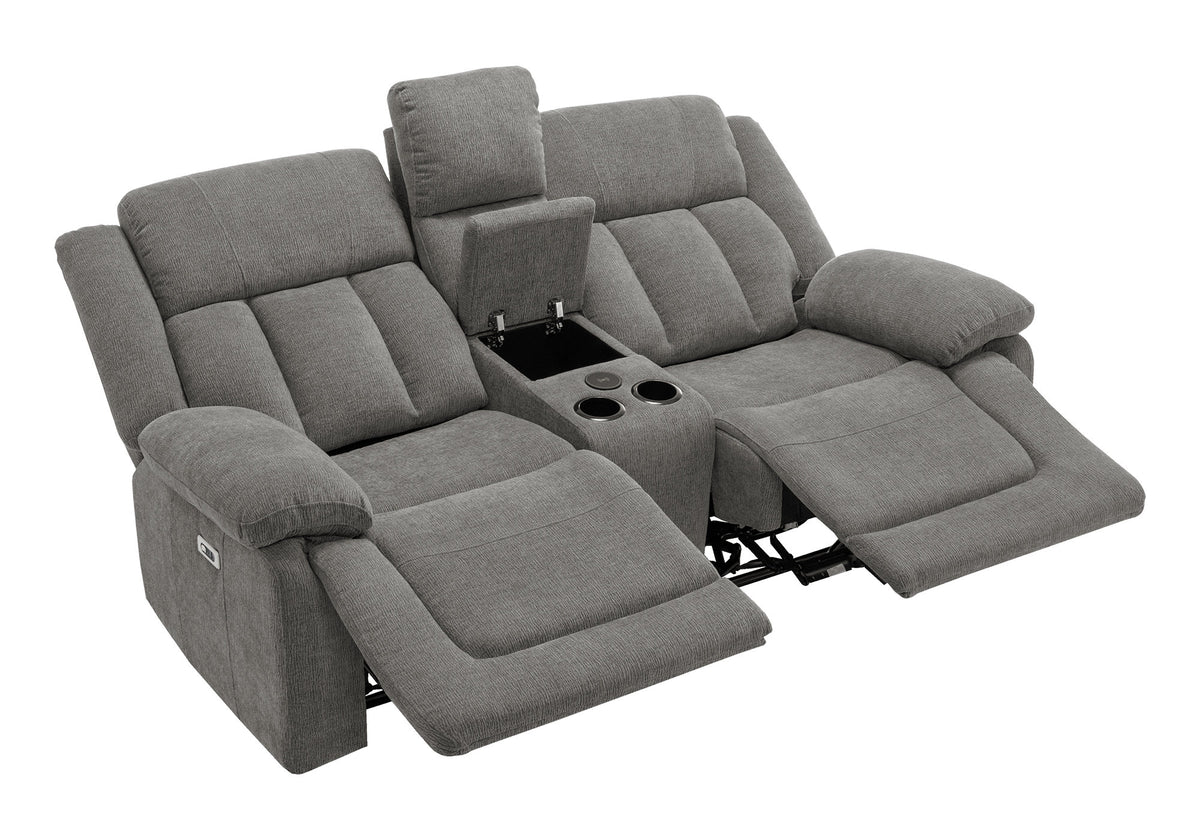 Reclining Love Seat, Power Recliner, 2 Seater, Upholstered, 76" Wide, Console Included, Usb Port Included, Light Grey Fabric, Transitional