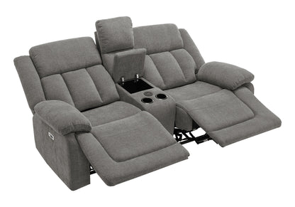 Reclining Love Seat, Power Recliner, 2 Seater, Upholstered, 76" Wide, Console Included, Usb Port Included, Light Grey Fabric, Transitional