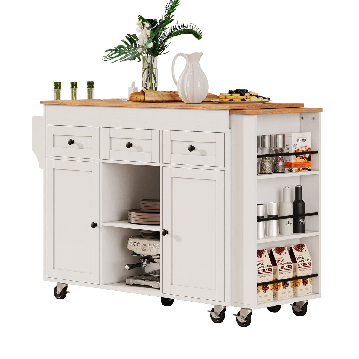 K&K 85.5" Kitchen Island with Extendable Dining Table, Kitchen Storage Table with 3 Side Open Shelves – White