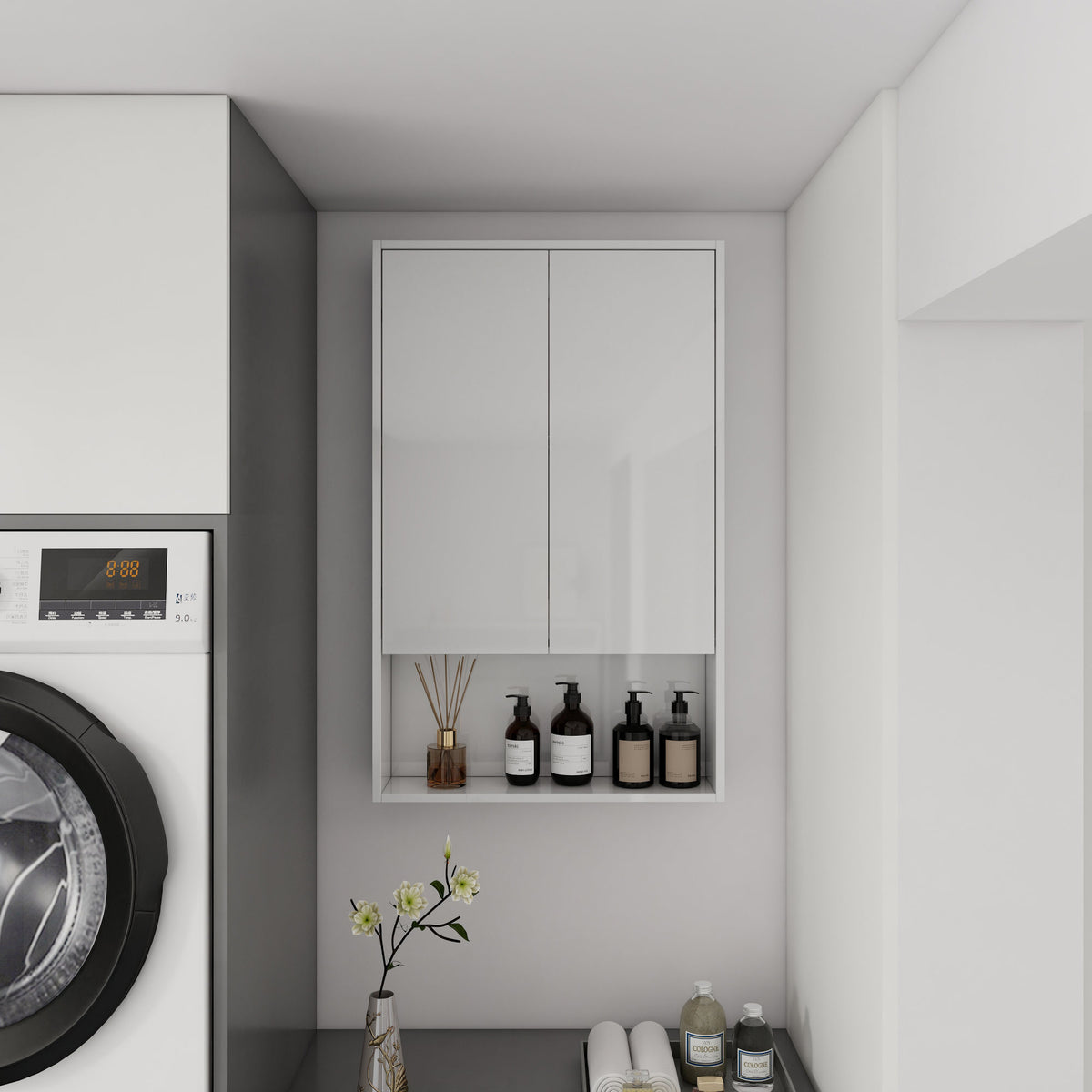 24" Bathroom Wall Cabinet, Soft Close Doors, Float Mounting Design,Glossy White,(KD-Packing)