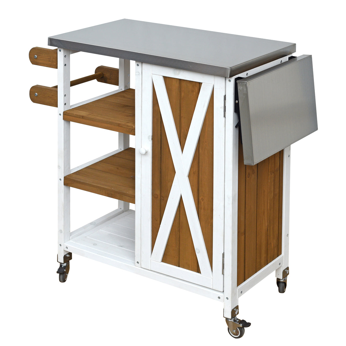 Foldable Outdoor Kitchen Island with Stainless Steel Worktop and Wood Frame, White+Brown, Portable Prep Station