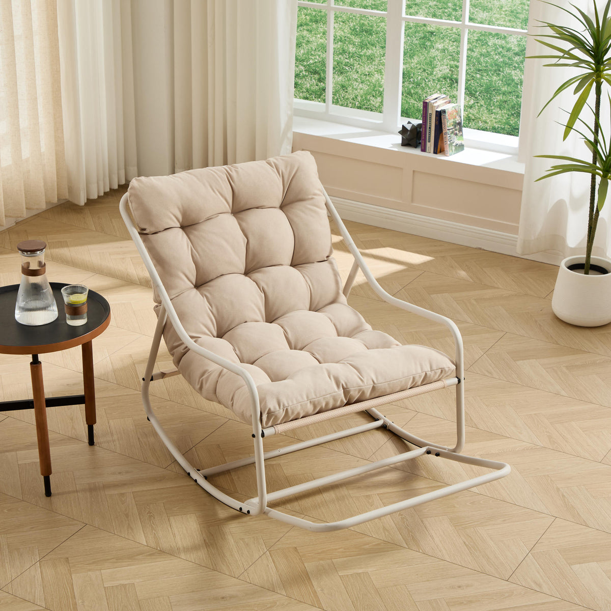 Outdoor Rocking Chair, Comfy Cushion, with Soft Thick Cushion,for Living Room, Bedroom, Reading Room, Beige Frame with Beige Cushion