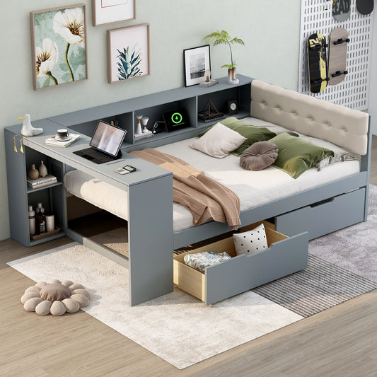 Wood Full Size Platform Bed with Storage Shelves, Drawers, Charging Station and Upholstered Headboard, Gray