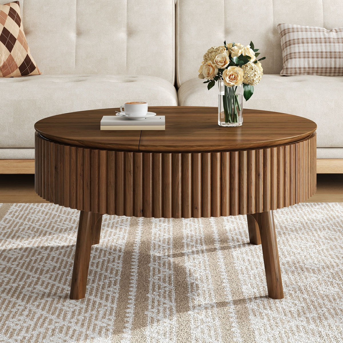 Modern Round Lift-Top Coffee Table with Half Flip-Top & Hidden Storage, Solid Wood Mid-Century Coffee Table with Fluted Design, 30.3' Walnut Space-Saving Center Table for Living Room