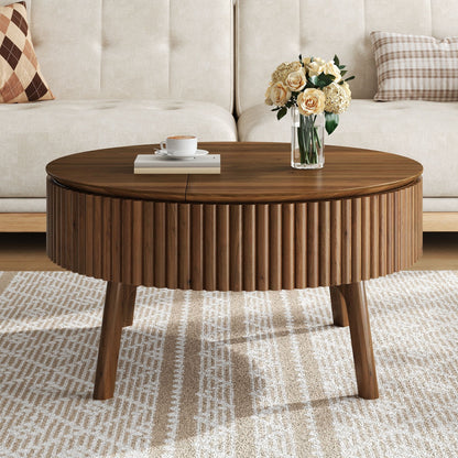 Modern Round Lift-Top Coffee Table with Half Flip-Top & Hidden Storage, Solid Wood Mid-Century Coffee Table with Fluted Design, 30.3' Walnut Space-Saving Center Table for Living Room