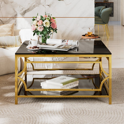 Square Glass Coffee Table in 33.5", Luxurious Geometric Metal Frame, Gold Finish & Lower Shelf