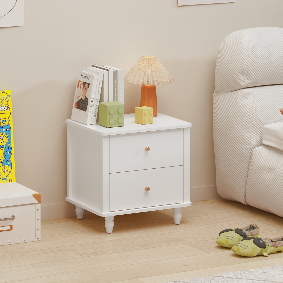 Modern 2-Drawer Nightstand, MDF Wooden Bedside Table with Round Knobs, Small Bedside Cabinet End Table for Bedroom, Living Room, Kids Room, White