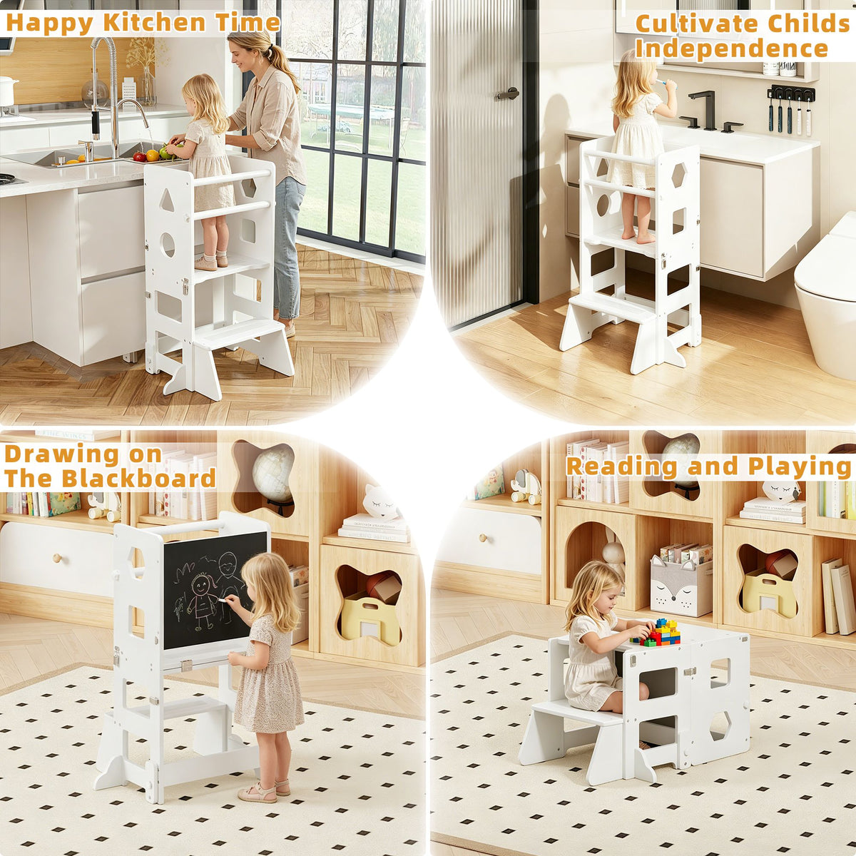 4-in-1 Toddler Kitchen Step Stool,Foldable Learning Standing Tower with Blackboard, Wooden Kitchen Stool Helper for Kids, 1-3 Year Old Boy Girl Gifts(White)