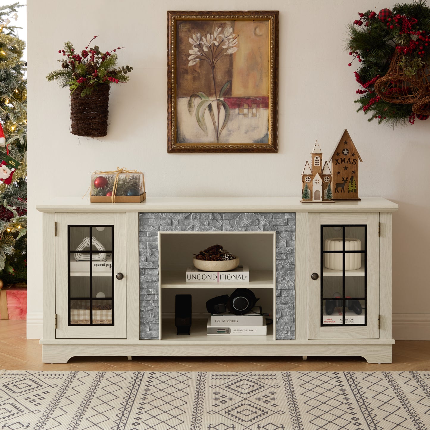 58' Modern TV Stand with 2-Door Storage, Faux Stone Media Console Cabinet, White Large Entertainment Center for Living Room