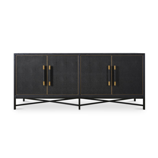 Sideboard, Shagreen Patterned Vegan Leather with Brass Legs, Black