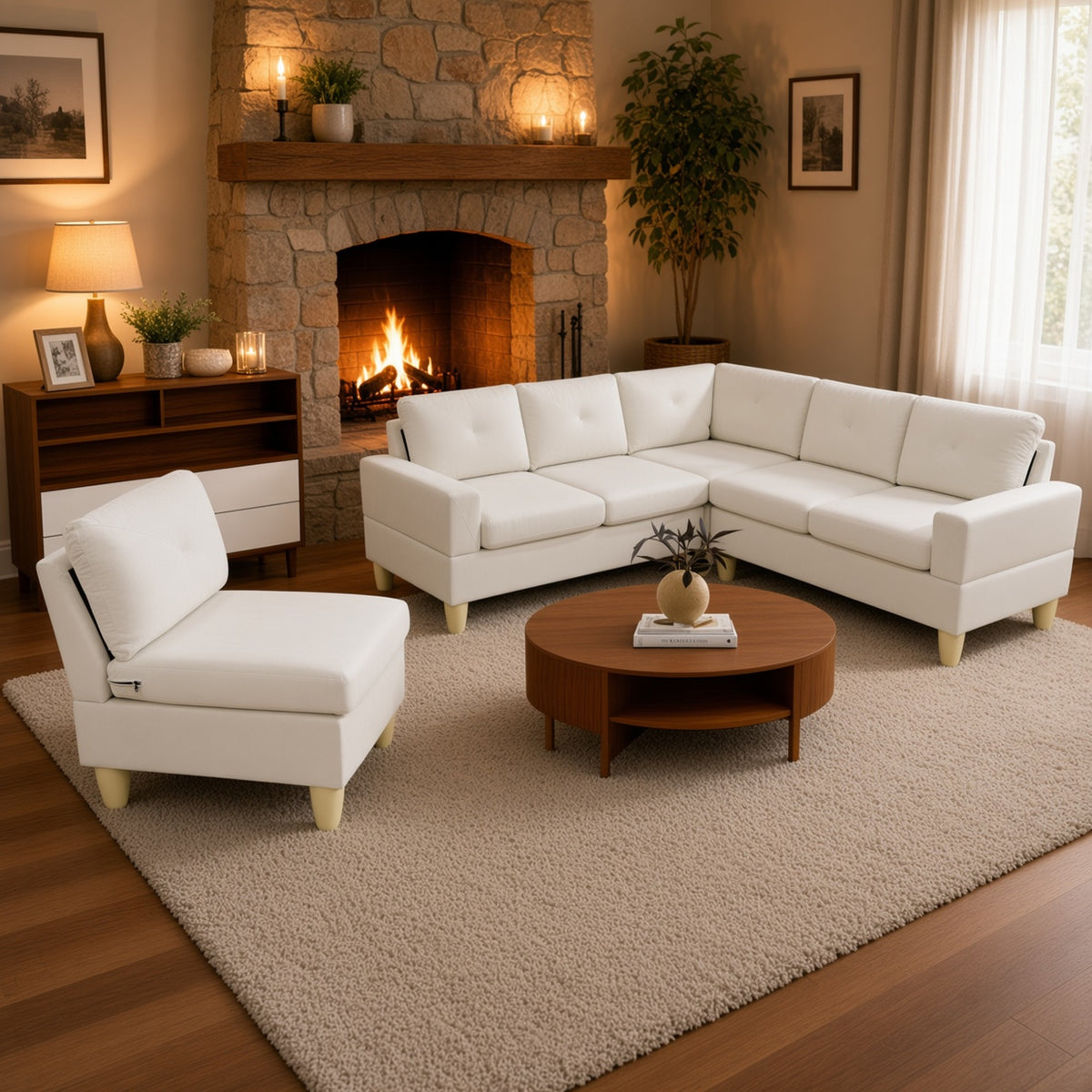 95.5 x 75 Inches Width Beige Modular L-Shaped Sectional Sofa 6-Seater 4-Piece Massa Flannel Fabric Couch with Chaise