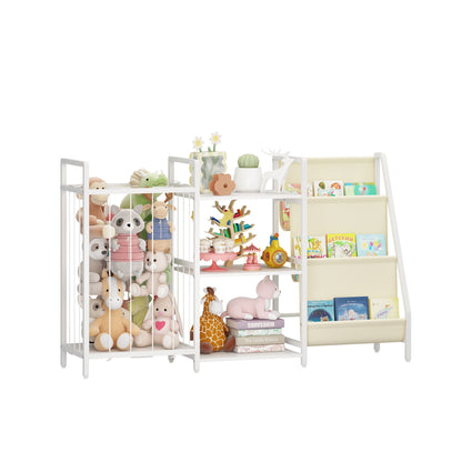 Kids Bookshelf and Toy Storage, 3-in-1 Book Shelf for Kids Rooms, Sling Baby Bookcase with Stuffed Animal Storage, Toddler Montessori Bookshelf for Nursery, Playroom, Kindergarten, White
