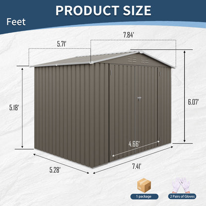 8*6 FTOutdoor Metal Storage Shed, Galvanized Steel Panel Tool House with Lockable Double Door & Built-in Vents for Backyard Garden Equipment Storage Olive Grey(7.84*5.71 FT)