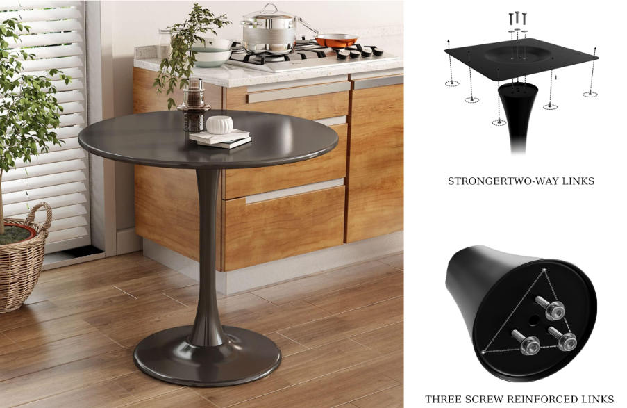 Black Round Table, Modern Dining Table, MDF Top and Steel Base Tulip Round Kitchen Table, Mid Century Coffee Table for Living Room 24 Inch