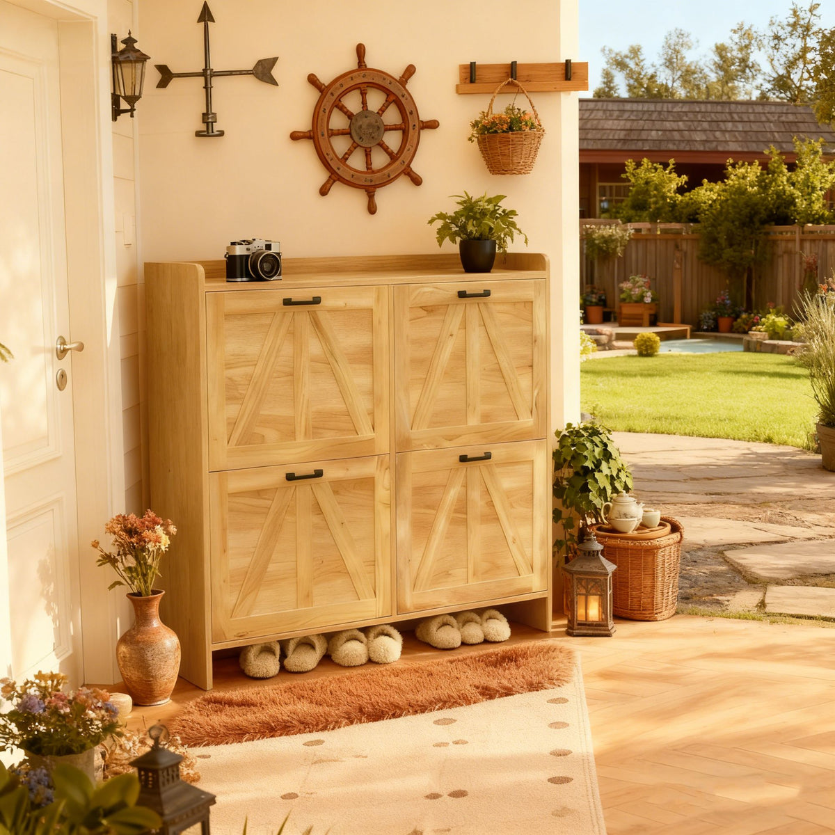 Light Oak Rustic Barn-Door Shoe Cabinet with 4 Flip Drawers, Sleek Space-Saving Entryway Organizer