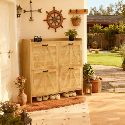 Light Oak Rustic Barn-Door Shoe Cabinet with 4 Flip Drawers, Sleek Space-Saving Entryway Organizer