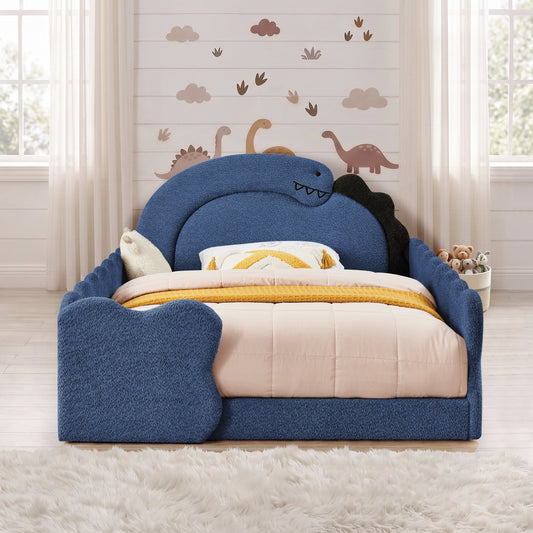 Full Size Cute Dinosaur-Shaped Bed with Safety Guardraild, Solid Wood  Bed Frame for Bedroom, Boucle Fabric