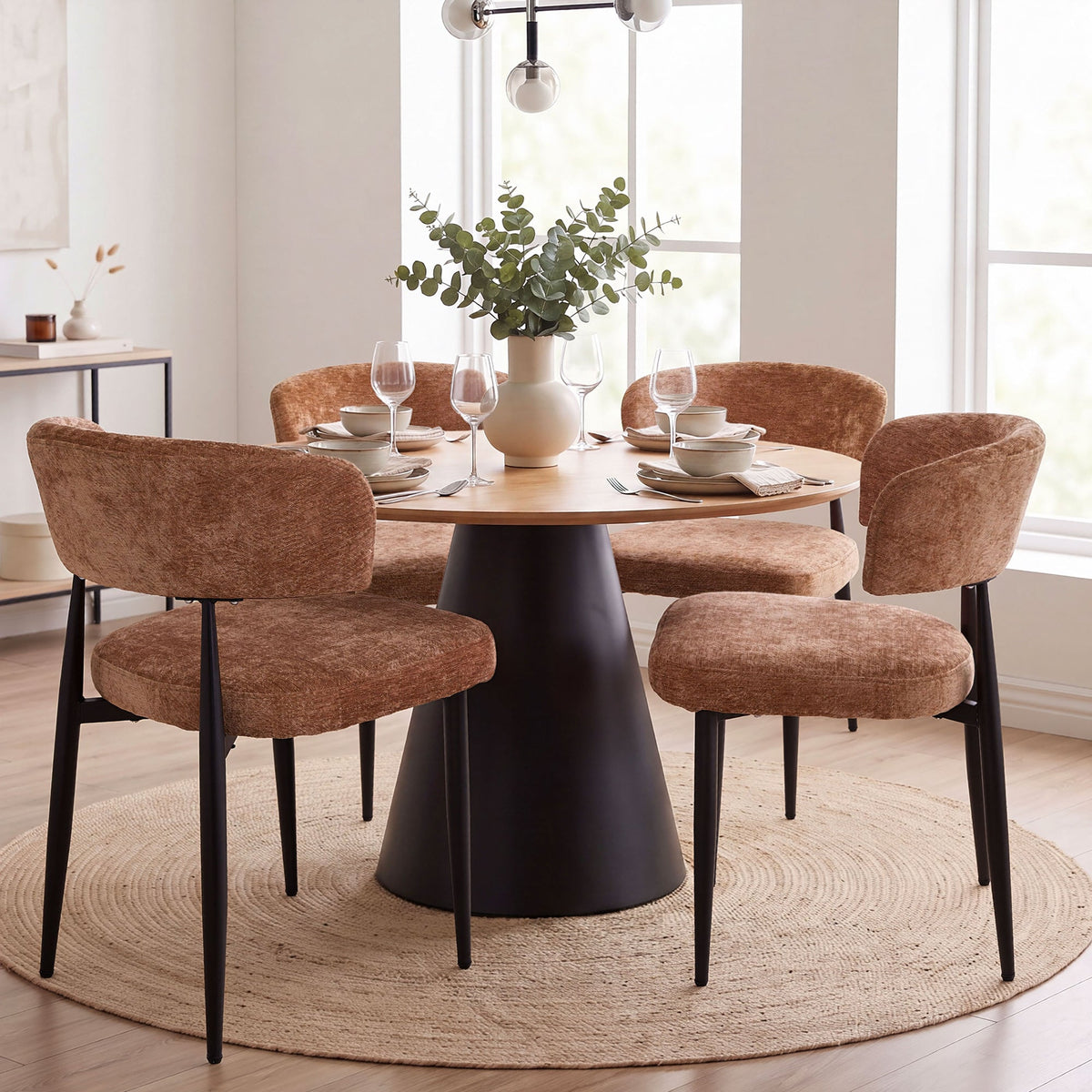 Four brown modern dining chairs, thick chenille soft cushion seats, ergonomic curved backrests, easy to assemble, easy to clean, suitable for use in family restaurants, cafes and small taverns.