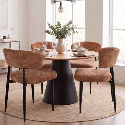 Four brown modern dining chairs, thick chenille soft cushion seats, ergonomic curved backrests, easy to assemble, easy to clean, suitable for use in family restaurants, cafes and small taverns.
