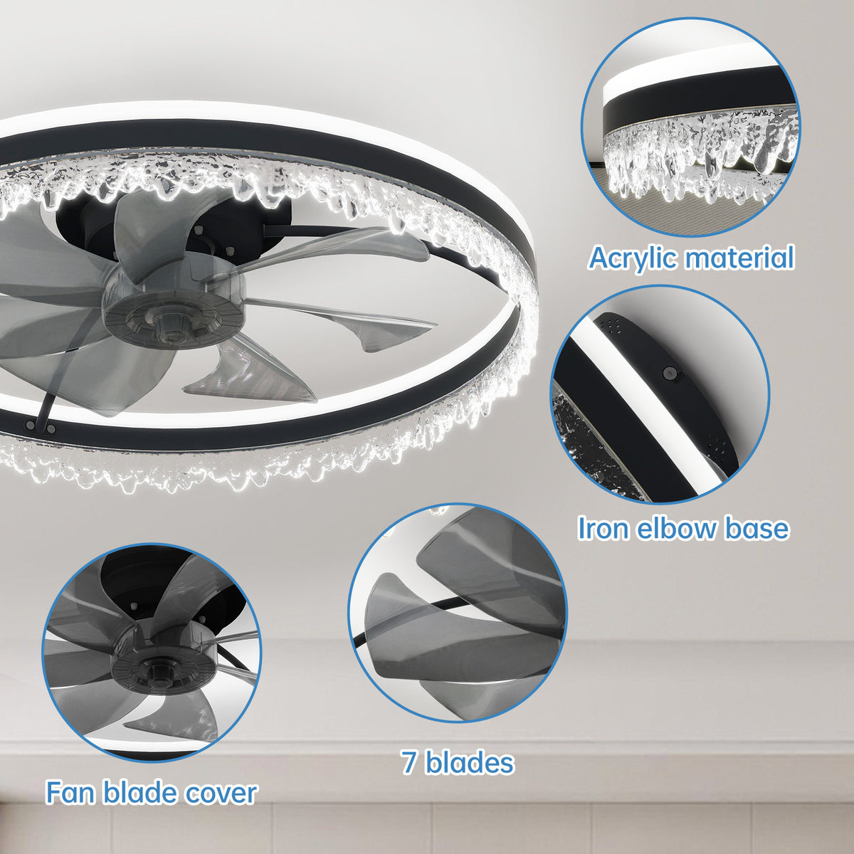 Modern LED Ceiling Fan with Light - 24'' Dimmable Ceiling Light with Invisible Blades and Crystal Design